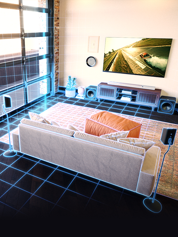 Living room with a speaker system that scan the room, with a glowing blue grid, to project the best sound.