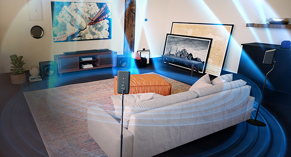 Dolby Atmos surround sound virtualized with circular blue lines encircling condo living room