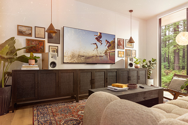 A warmly-lit living room with The Sevens II in Red Oak sitting on a console. The wall behind the speakers is filled with picture frames and a TV showing people jumping into a lake.