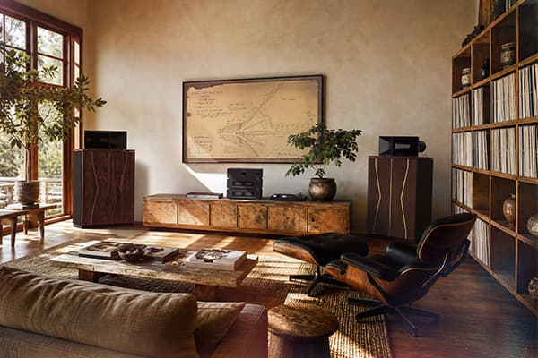 Pair of 80th edition Klipschorns, in a curated living room.