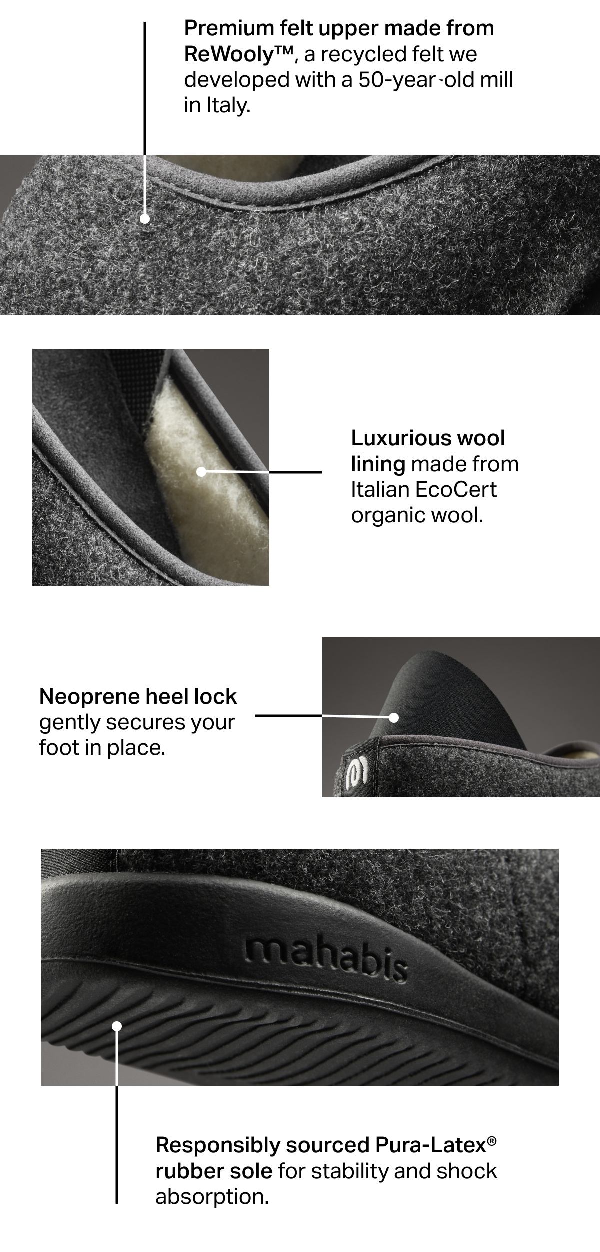 Premium felt upper made from ReWooly™, a recycled felt we developed with a 50-year-old mill in Italy.