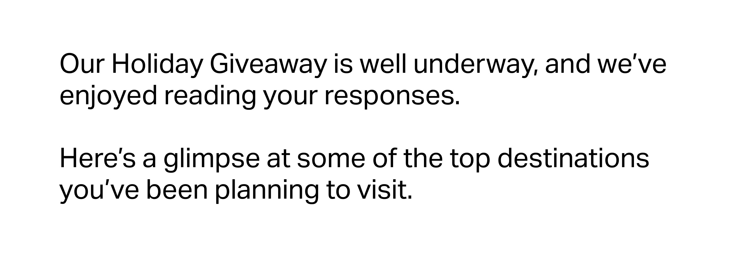 Our Holiday Giveaway is well underway, and we’ve enjoyed reading your responses.&nbsp;  Here’s a glimpse at some of the top destinations you’ve been planning to visit.