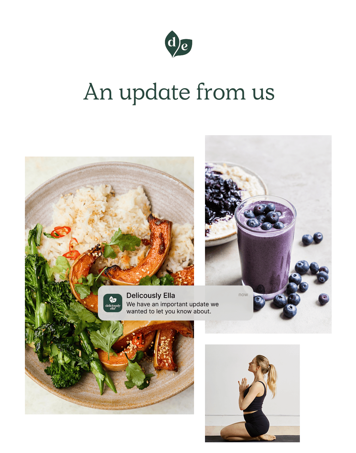 An update from us. An image of a woman is doing yoga and a plate of food