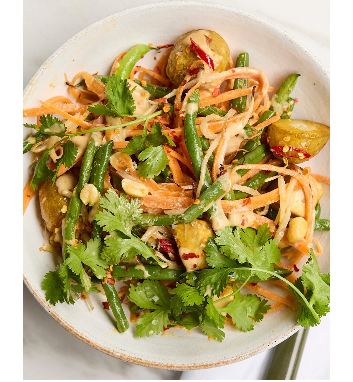 Image of Warm Green Bean, Potato & Peanut Traybake Salad