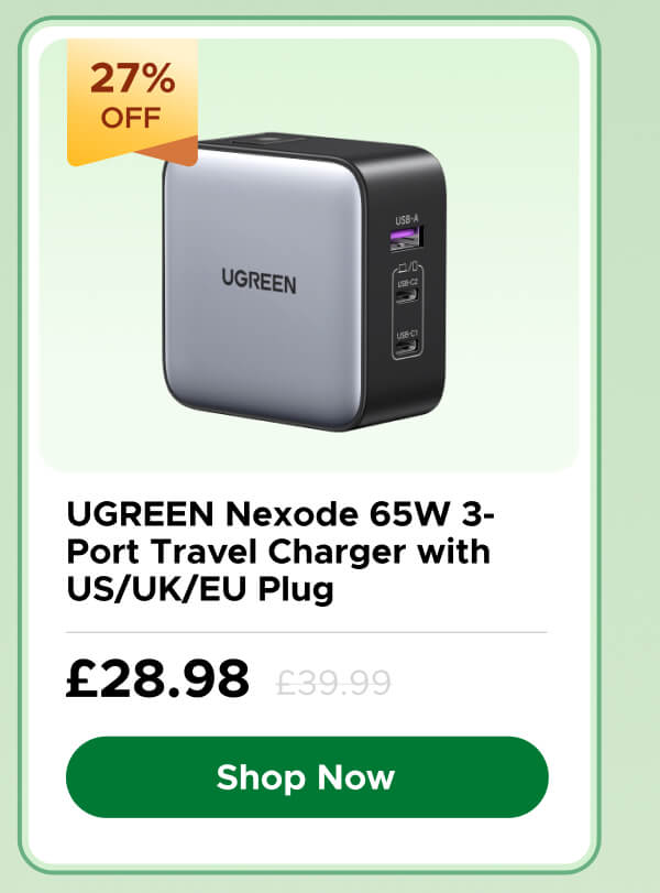 UGREEN Nexode 65W 3-Port Travel Charger with US/UK/EU Plug