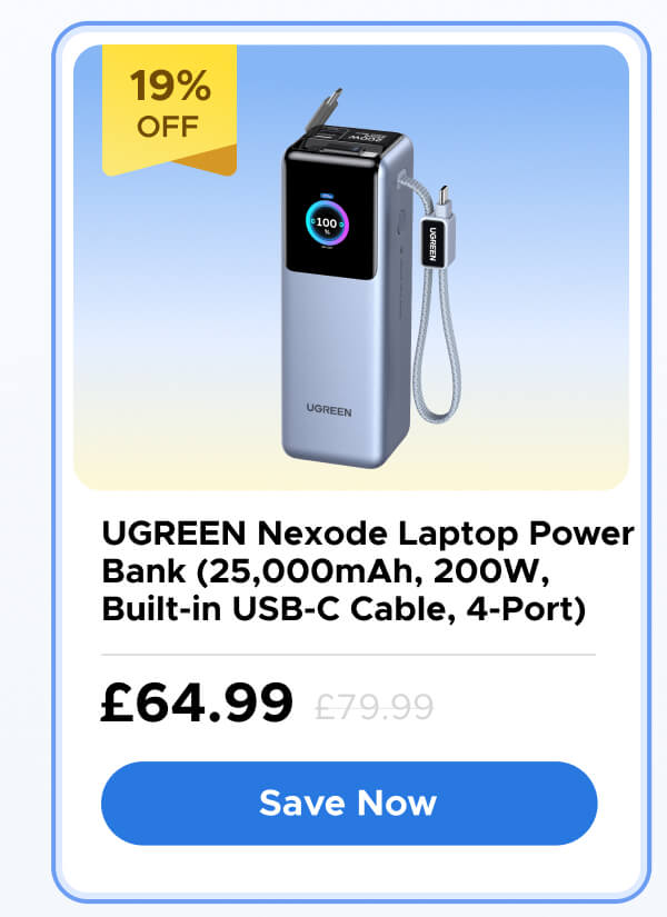  UGREEN Nexode Laptop Power Bank (25,000mAh, 200W, Built-in USB-C Cable, 4-Port