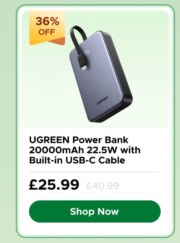 UGREEN Power Bank 20000mAh 22.5W with Built-in USB-C Cable