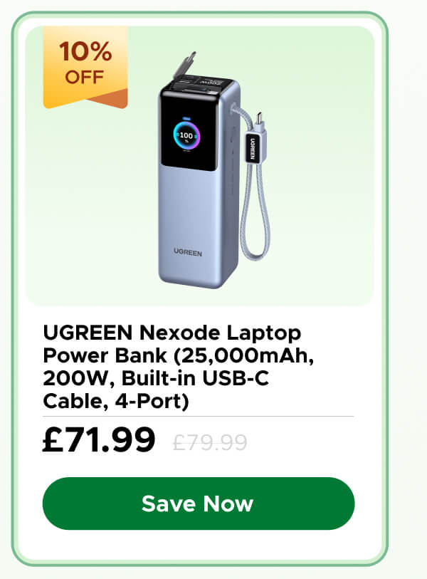UGREEN Nexode Laptop Power Bank (25,000mAh, 200W, Built-in USB-C Cable, 4-Port)