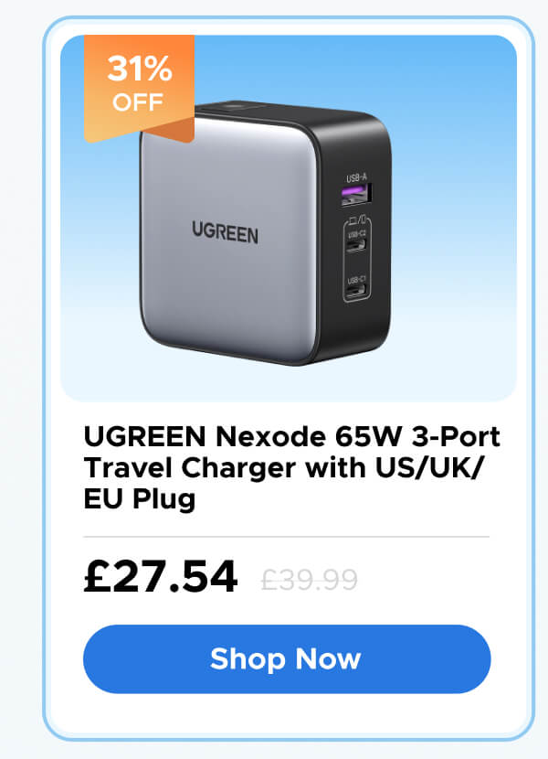 UGREEN Nexode 65W 3-Port Travel Charger with US/UK/EU Plug