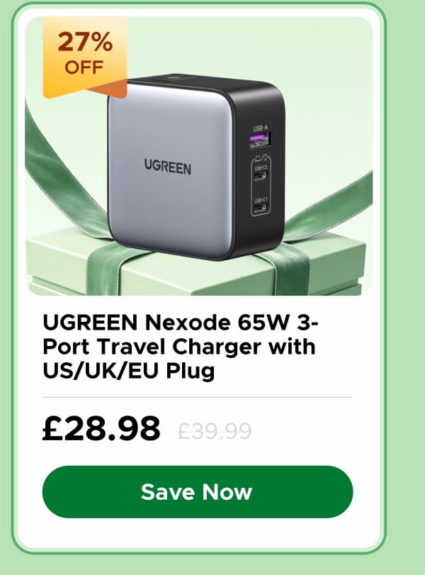 UGREEN Nexode 65W 3-Port Travel Charger with US/UK/EU Plug