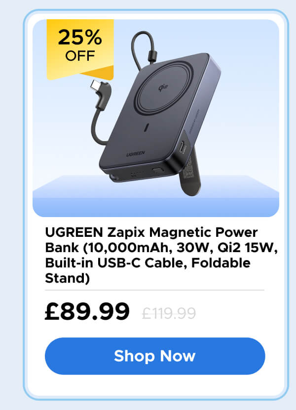 UGREEN Zapix Magnetic Power Bank (10,000mAh, 30W, Qi2 15W, Built-in USB-C Cable, Foldable Stand)