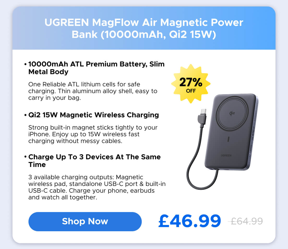 UGREEN MagFlow Air Magnetic Power Bank (10000mAh, Qi2 15W)