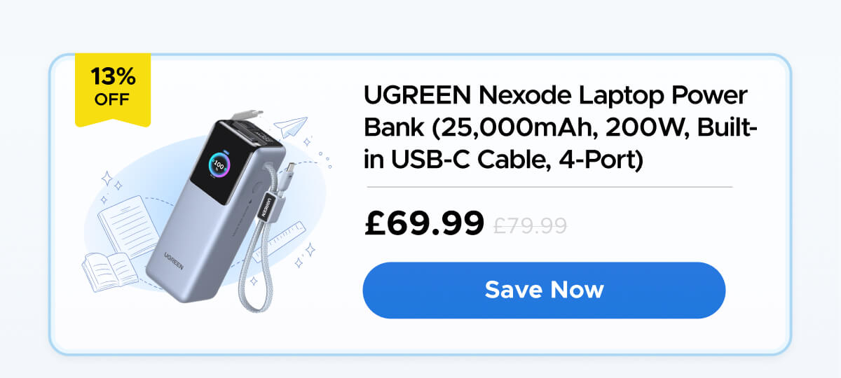 UGREEN Nexode Laptop Power Bank (25,000mAh, 200W, Built-in USB-C Cable, 4-Port)