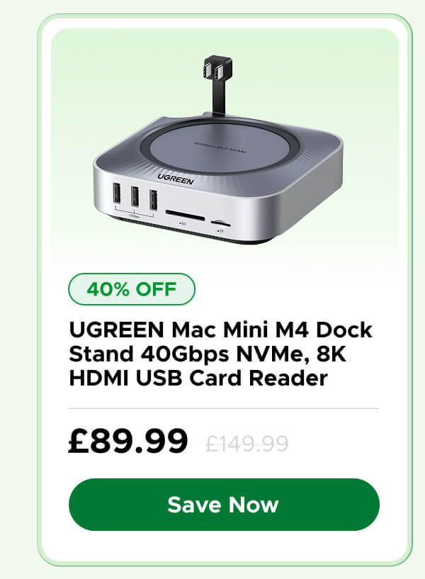 UGREEN 40Gbps Mac Mini M4 Dock with NVMe SSD Enclosure (Up to 8TB), 10-Port Hub & Stand with 5x 10Gbps USB-A/C, Up to 8K HDMI, 312MB/s SD/TF, 3.5mm Audio, Seamless Fit for Mac Mini M4/M4 Pro