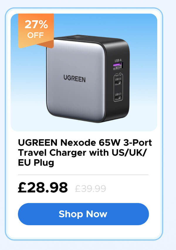 UGREEN Nexode 65W 3-Port Travel Charger with US/UK/EU Plug