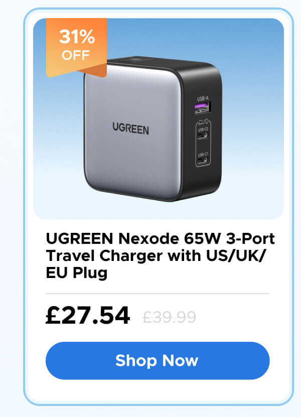 UGREEN Nexode 65W 3-Port Travel Charger with US/UK/EU Plug