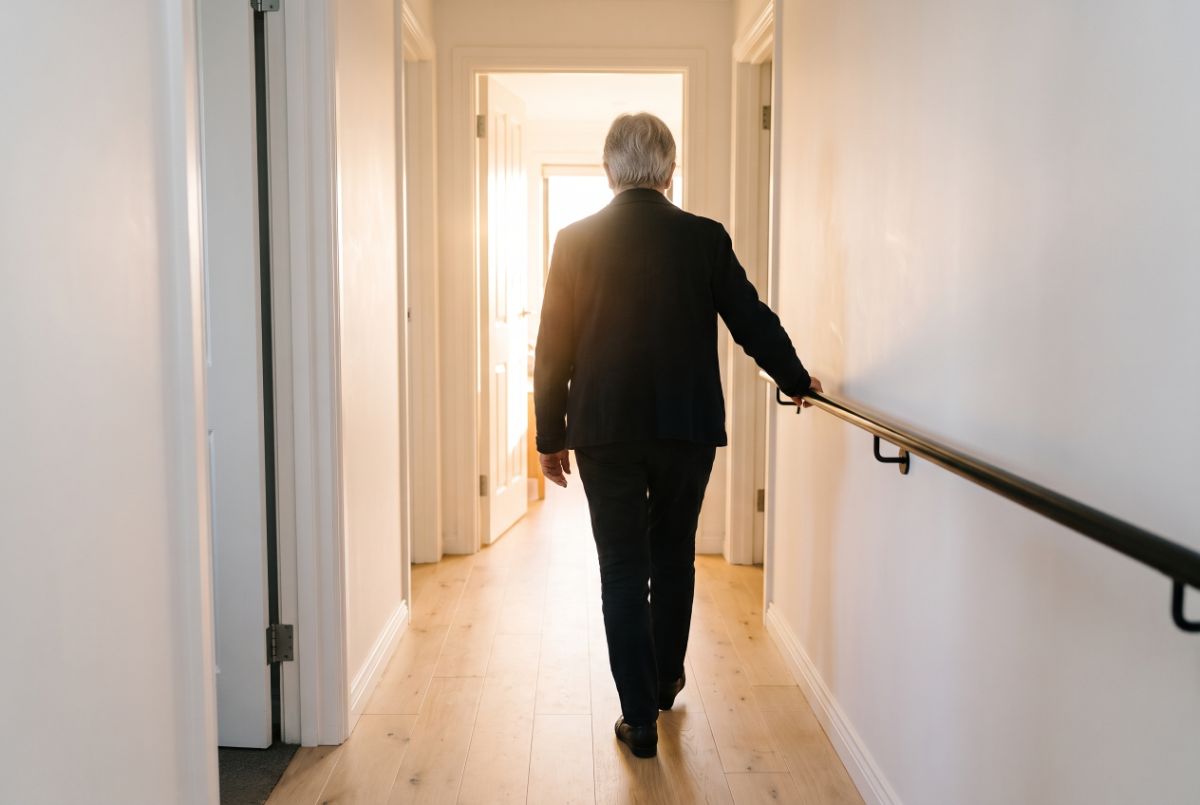 A person walking away down a bright hallway with an upright posture, one hand on a wall rail.