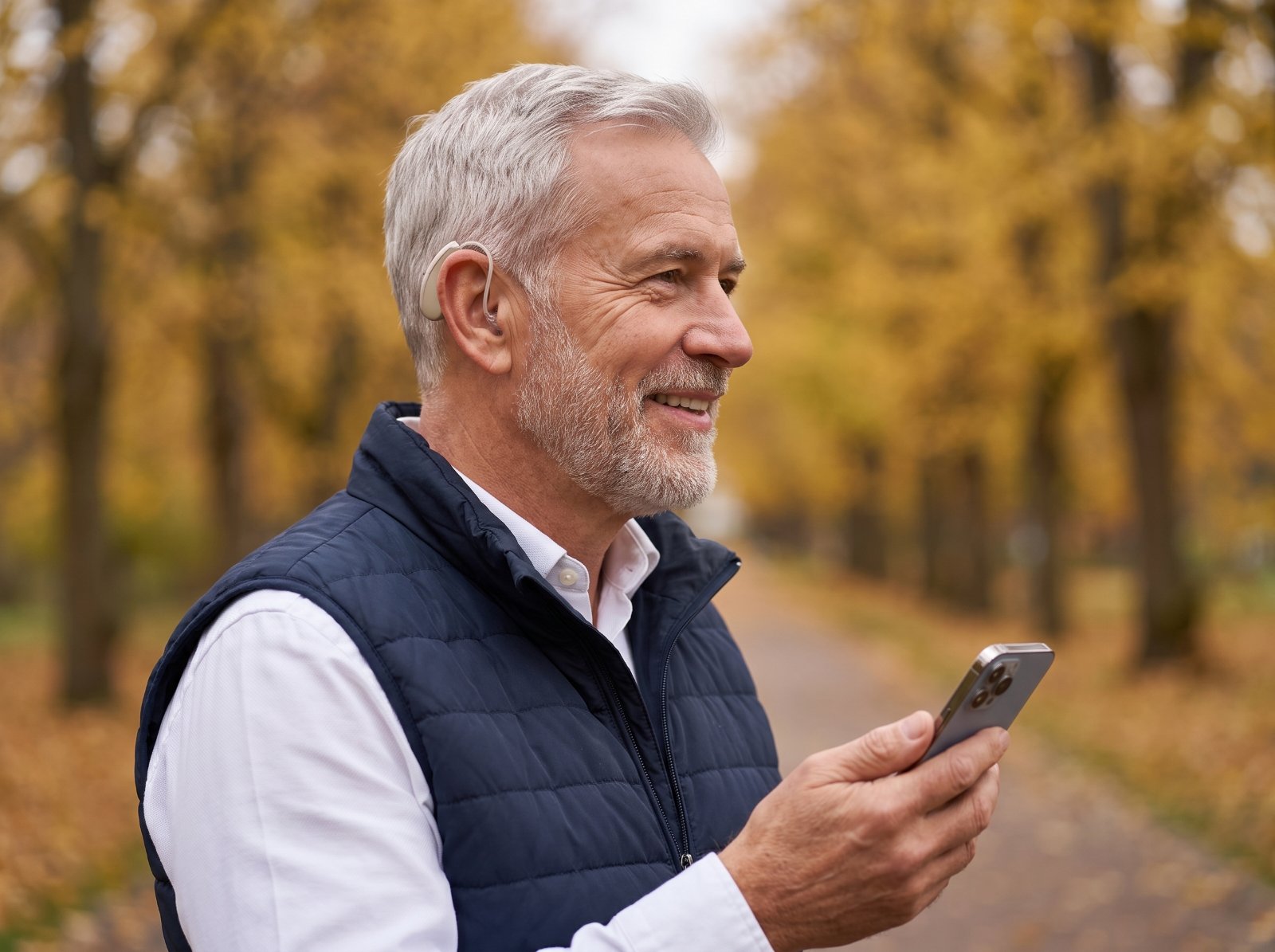 A smiling older man on an autumn path takes a hands-free call, phone in hand and a champagne-gold hearing aid behind his ear.