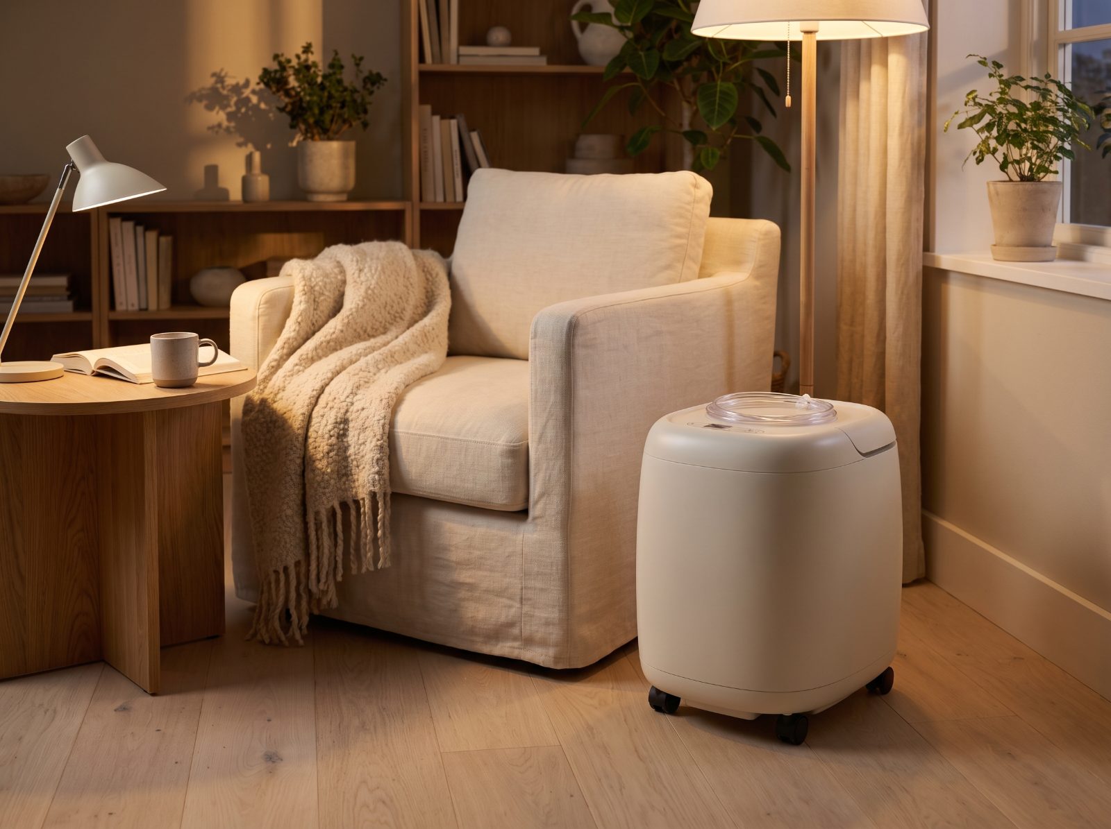 A calm living room at dusk with a linen armchair and a compact home oxygen concentrator beside it.