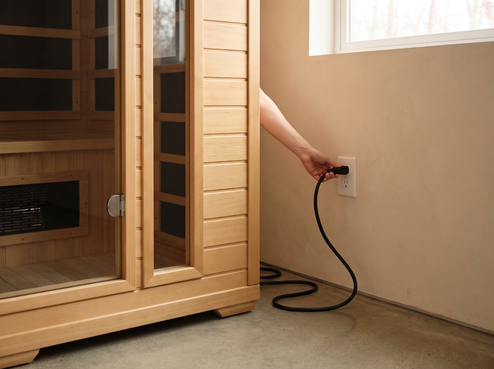 A hand plugging the sauna's cord into an ordinary household wall outlet on the wall directly beside the cabin, the cord running a short slack loop from the base of the sauna to the socket