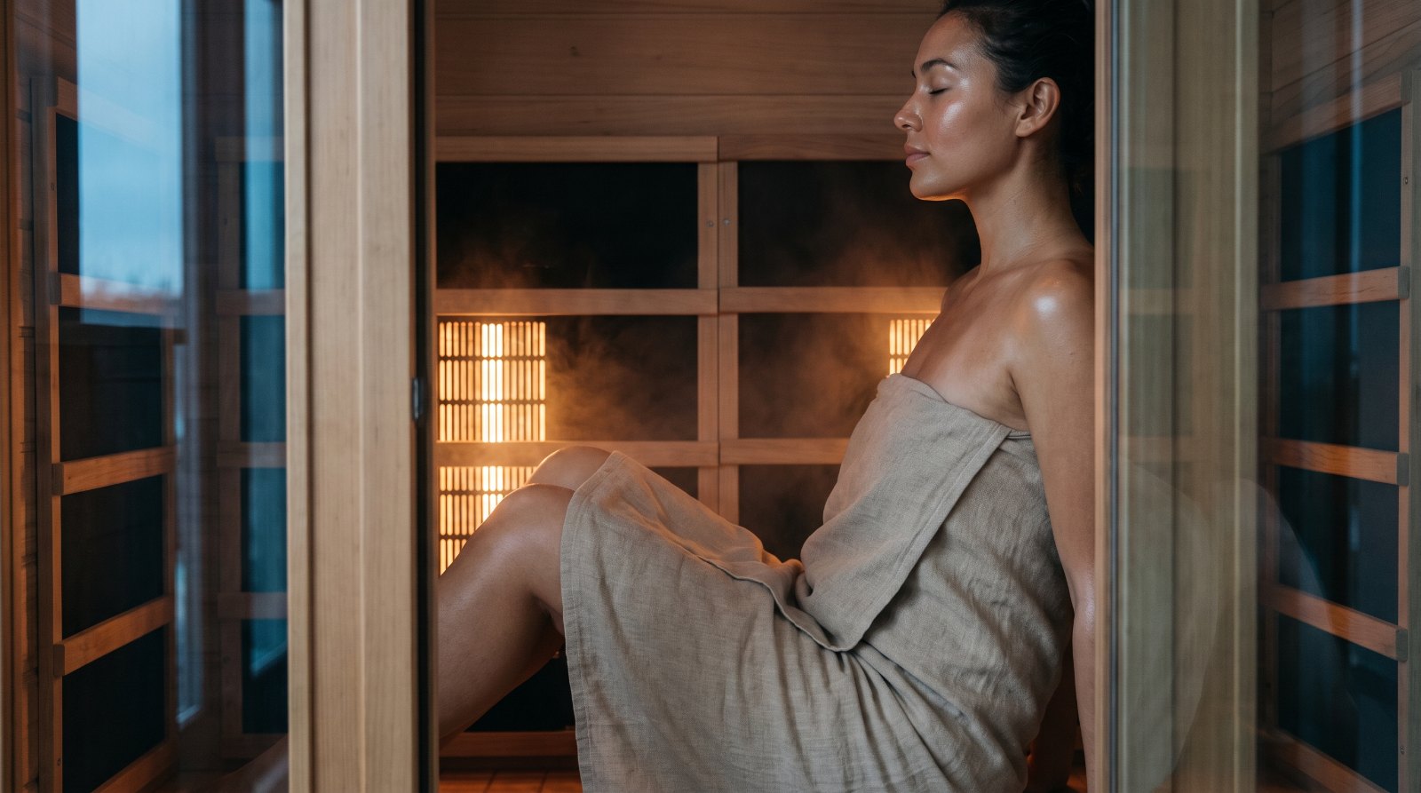 A person seated calmly on the bench inside the sauna, the carbon infrared panels glowing amber behind and beside her as the heat reaches her body