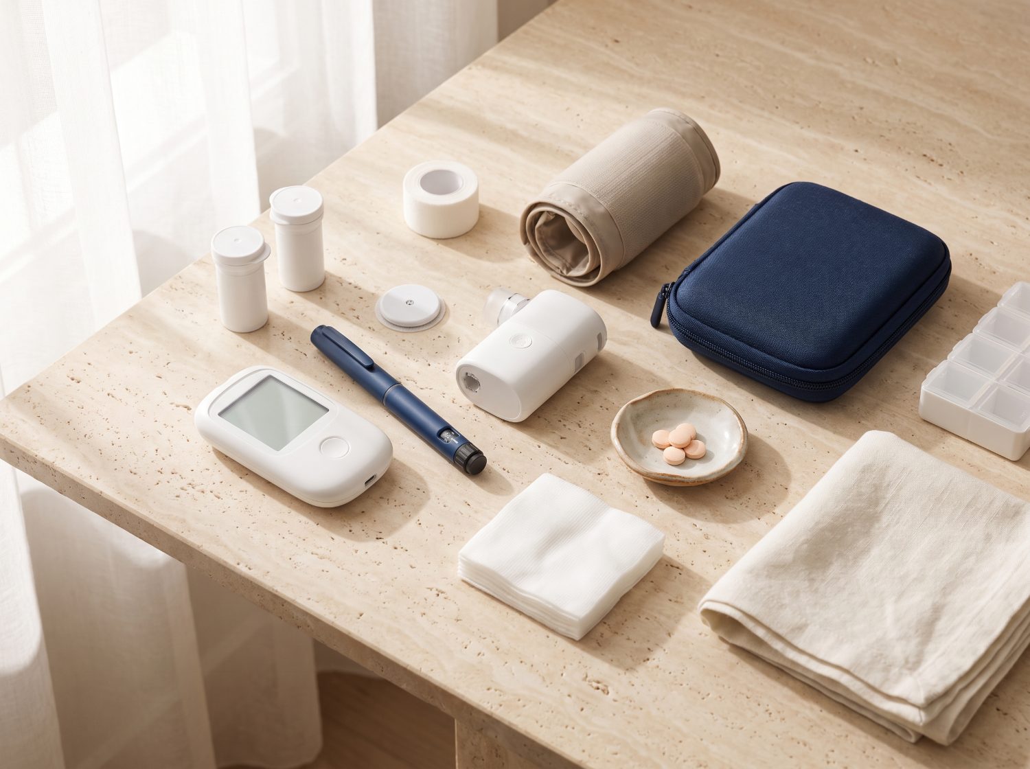 A glucose meter, insulin pen, test-strip vials, a sensor, medical tape, gauze, a nebulizer, a blood-pressure cuff, a travel case, glucose tablets and a pill organizer on a travertine table.