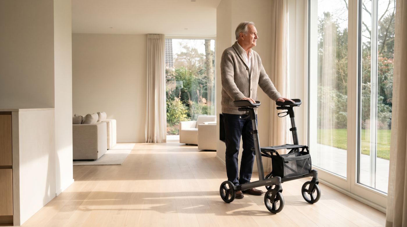 An upright walker with forearm-height armrests standing in a sunlit modern living room beside an older man looking out of the window.