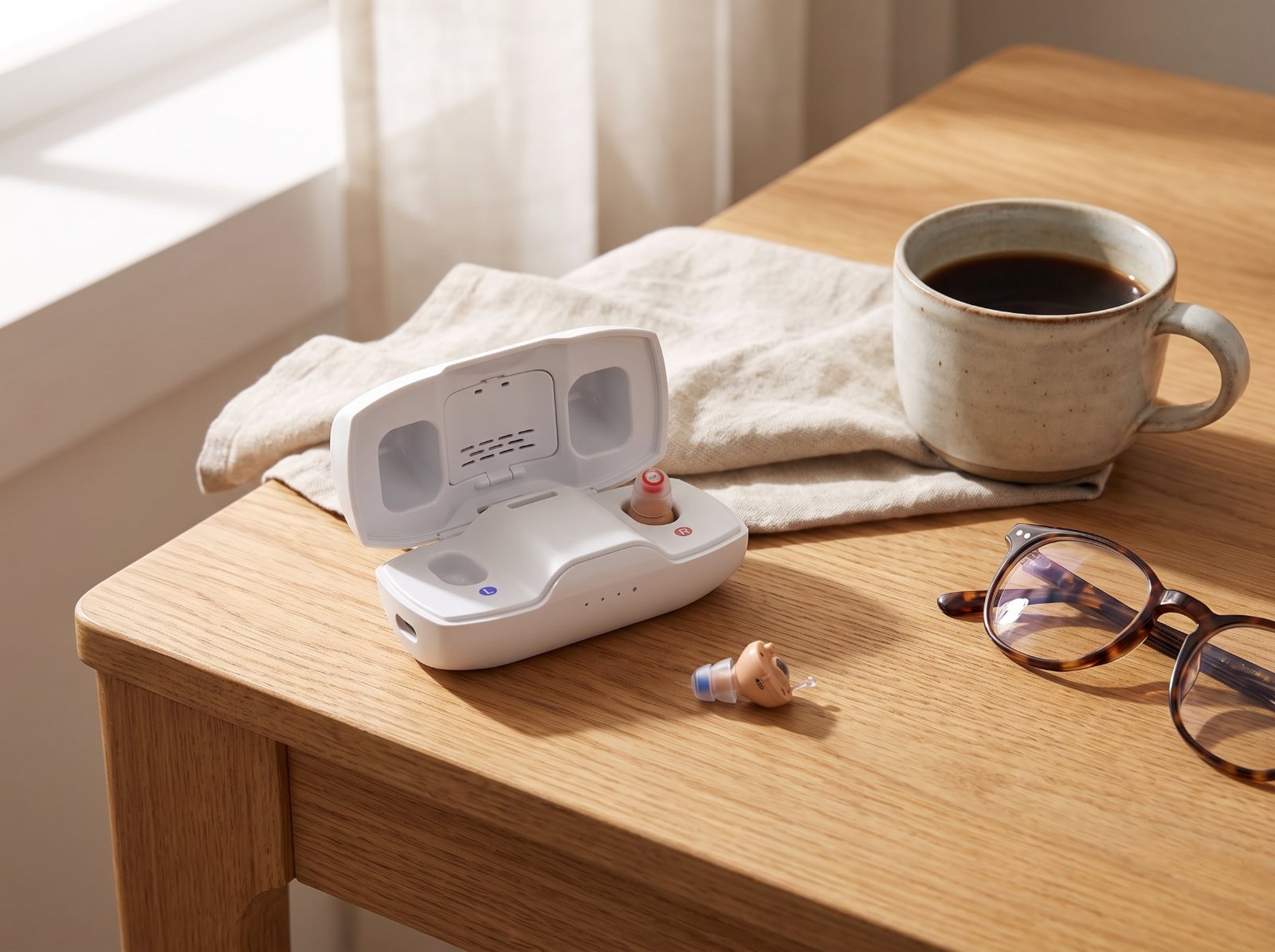 An open white charging case holding one small in-canal hearing aid, its partner on the oak table beside coffee and reading glasses.