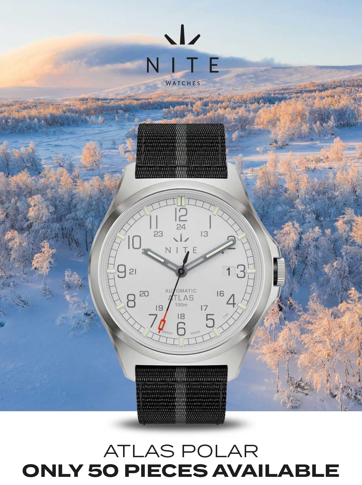 Atlas watch on snow background
