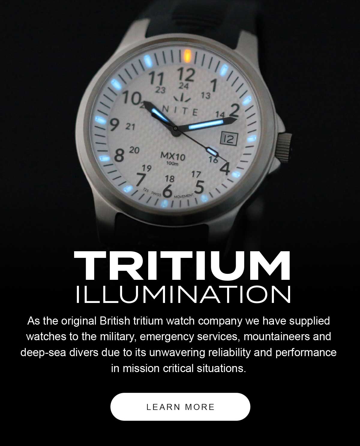 MX10 Watch showing tritium illumination