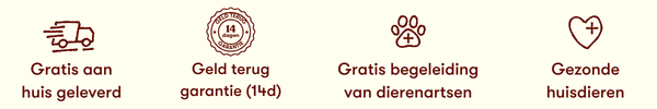 Voordelen van Just Russel: gratis aan huis geleverd, 14-dagen geld terug garantie, gratis begeleiding van dierenartsen, en gezonde huisdieren.
