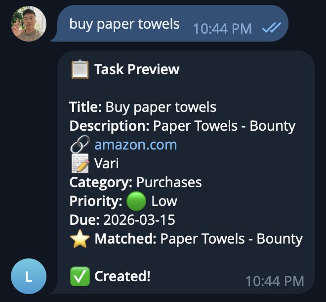 Telegram bot in action: voice message 'buy paper towels' automatically creates a task with title, description, category, priority, and due date