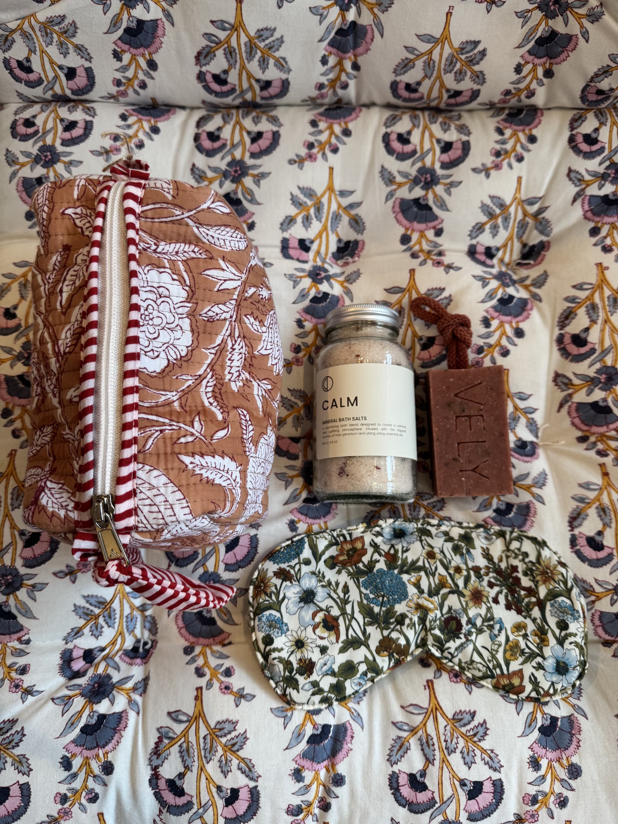 Small Block Print Makeup Bag, Calm Bath Salts by OCTO and VELY Natural Soap on a Rope