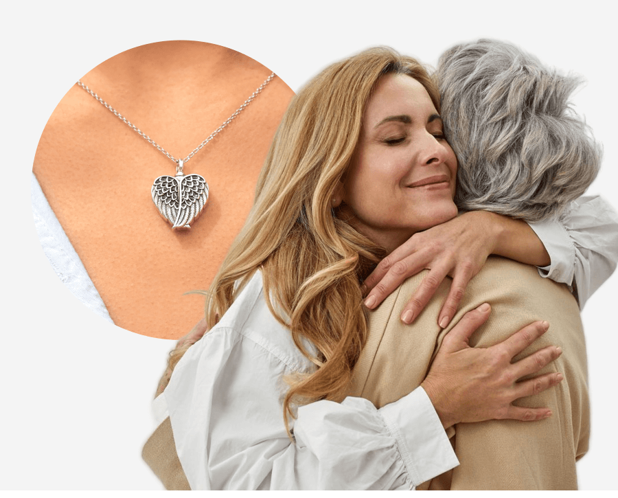 A woman hugging her grandma with the Angel Urn necklace shown next to them