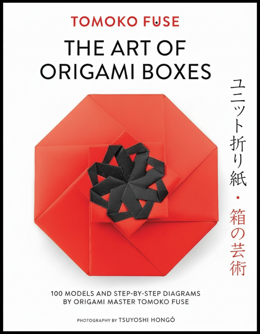 Book cover: "The Art of Origami Boxes" by Tomoko Fuse, featuring a red origami box with a black ribbon.