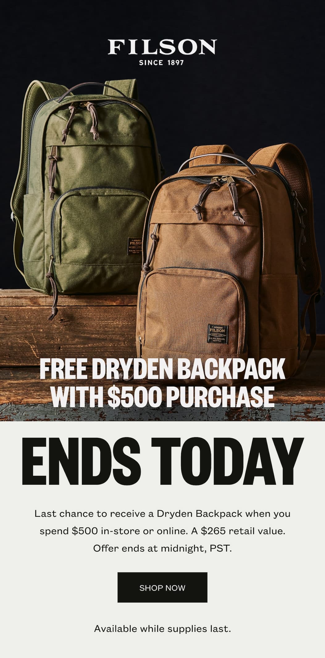 Free Dryden Backpack with Purchase Ends Today