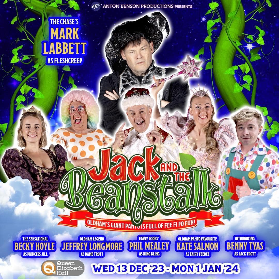 A Jack and the Benstalk promotion flyer with the actors from the panto featured in the image.