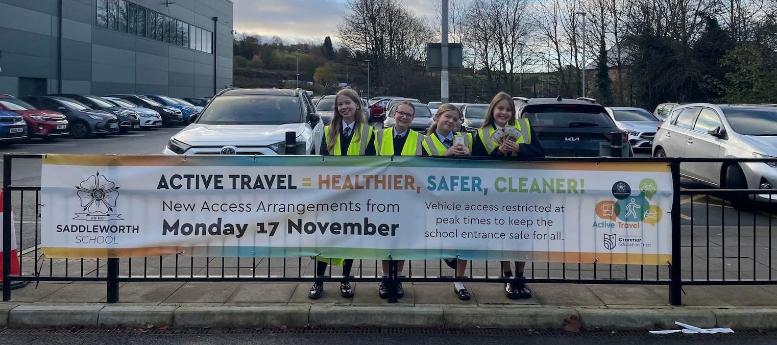 Youth Travel Ambassadors at Saddleworth School in hi-vis vests