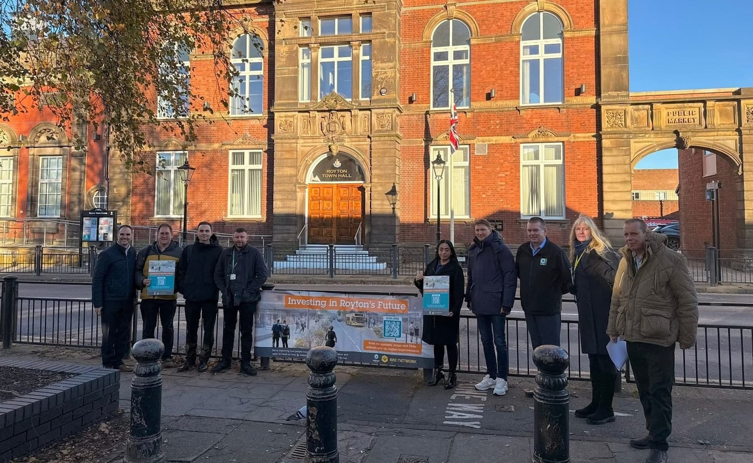 Cllr Arooj Shah standing outside Royton Town Hall with  colleagues from the Bee Network and Casey  