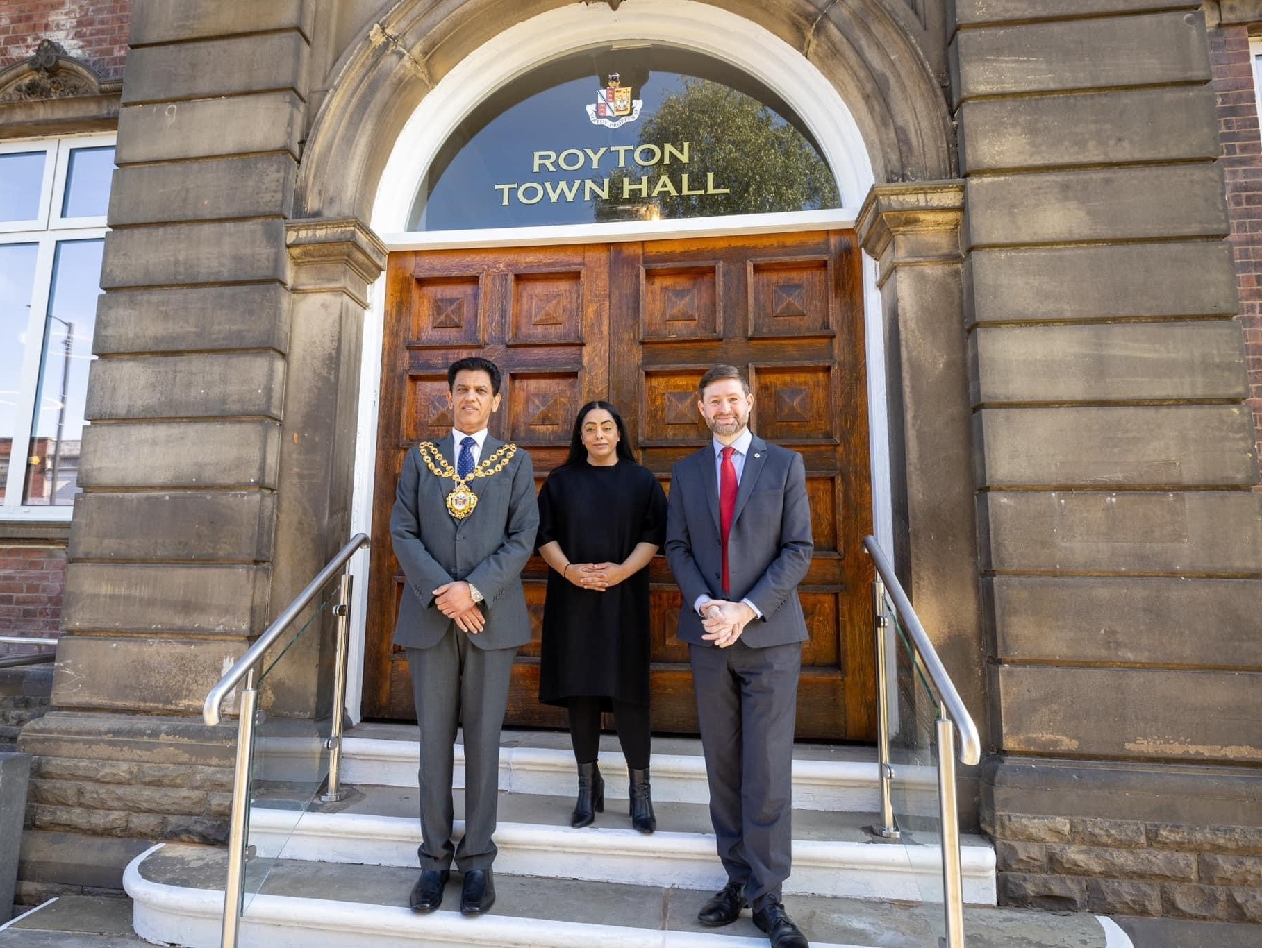 Oldham Mayor Cllr Zahid Chauhan, Council Leader Cllr Arooj Shah and MR Jim McMahon