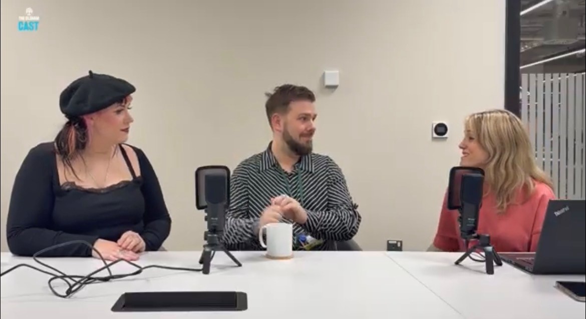 Emily Trelore and Elliot Sparks from Pennine Mencap talking to news officer Katie Fitzpatrick The Oldham Cast