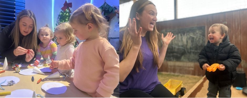 Macey and Andrea looking animated as they play with children at Kidz Matter nursery