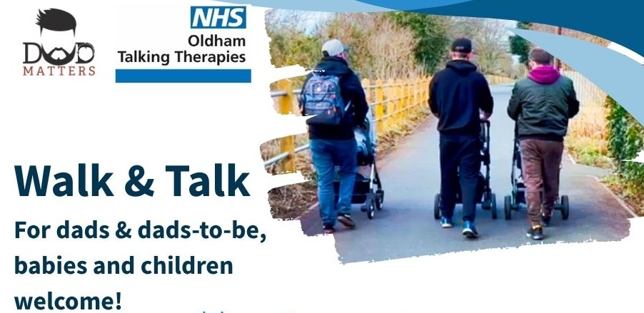 Tree dads walking with pushchairs with the words Walk & Talk for dads and dads to be, babies and children welcome!
