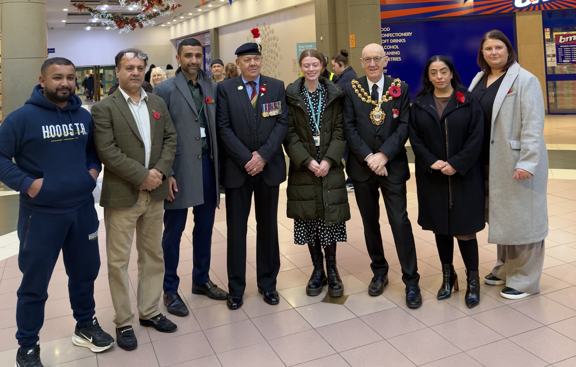 Cllr Shaid Mushtaq, the Mayor of Oldham Cllr Eddie Moores, Council Leader Cllr Arooj Shah and Chief Executive Shelley Kipling were among those observing the two-minute silence at the Spindles