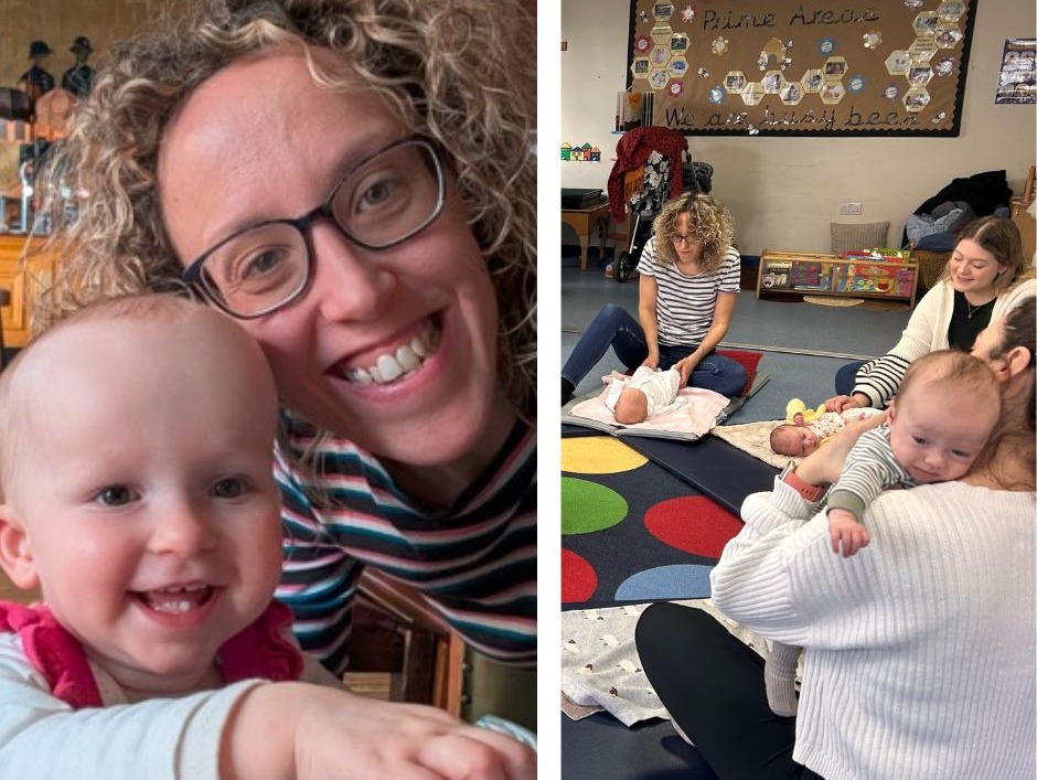 Emma Peake and her daughter Matilda smiling and pictured right on the Baby Bonding course a year ago