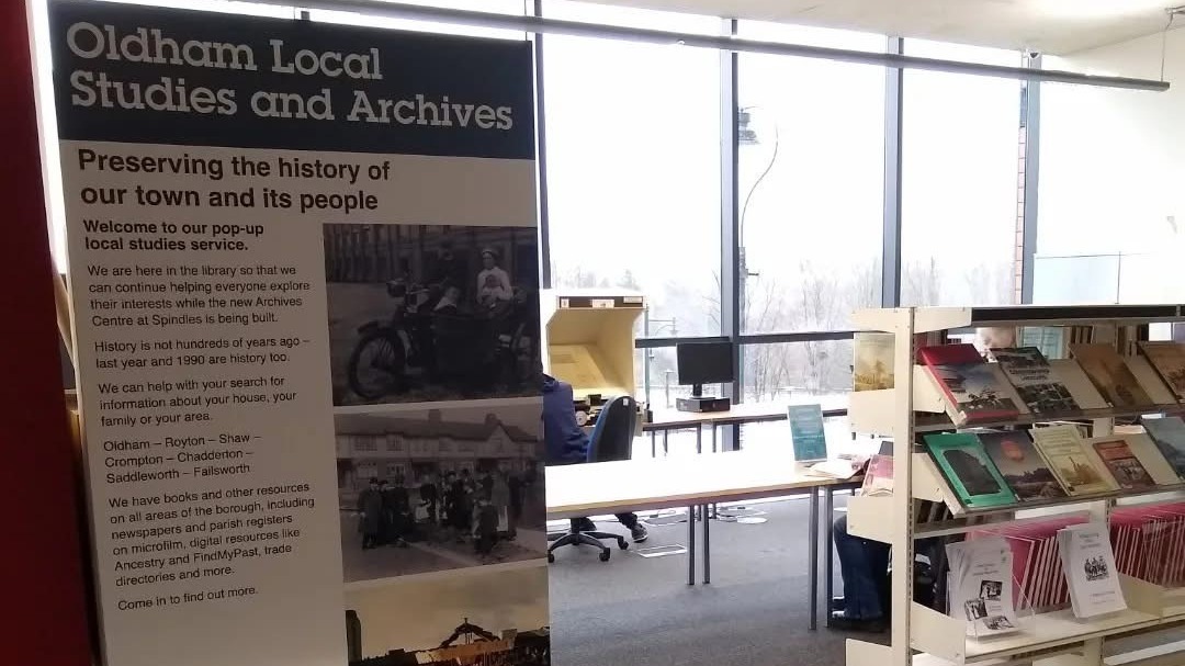 Books and display in Oldham Local Studies and Archives 