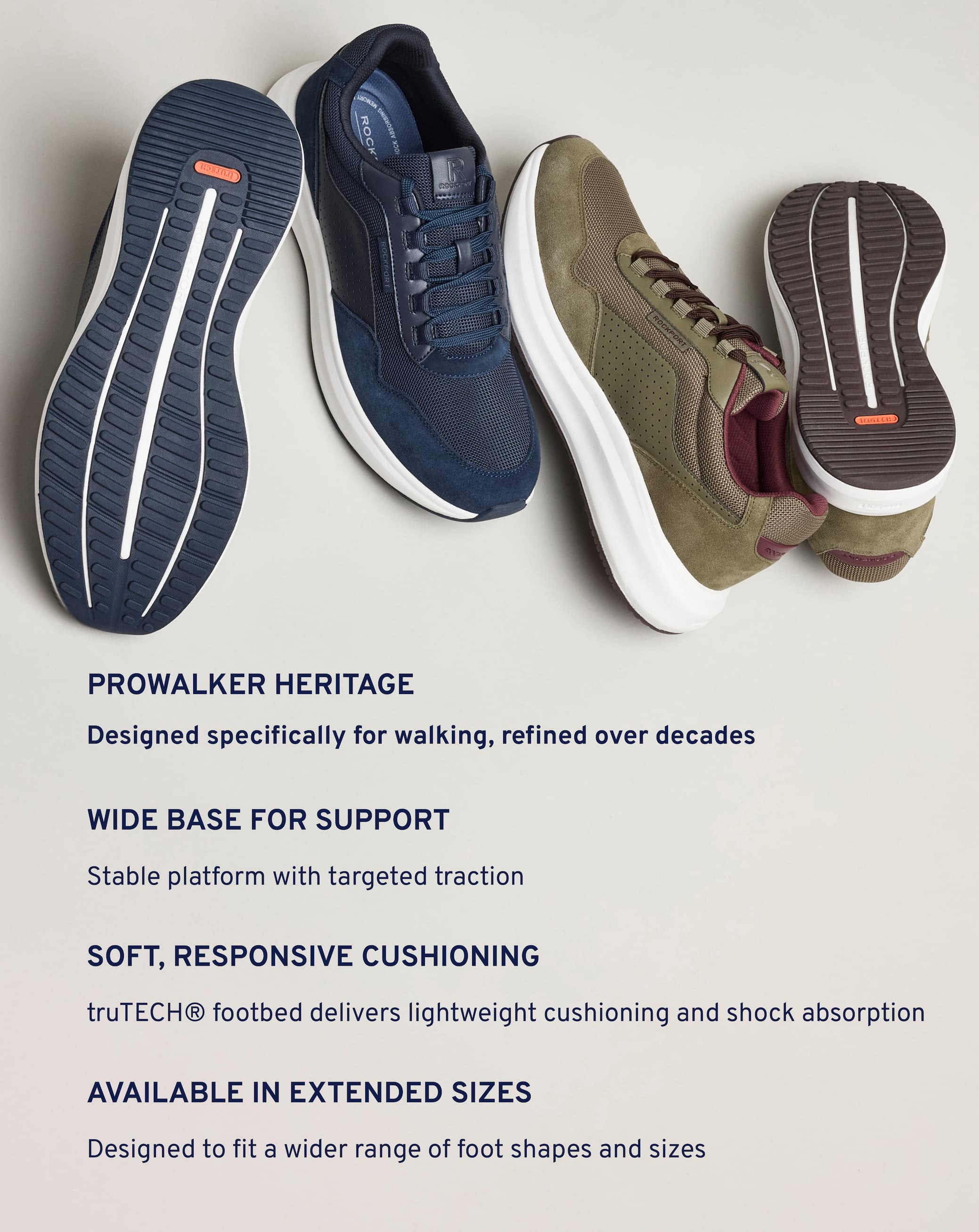 ProWalker heritage   Designed specifically for walking, refined over decades Wide base for support Stable platform with targeted traction Soft, responsive cushioning truTECH® footbed delivers lightweight cushioning and shock absorption Available in extended sizes Designed to fit a wider range of foot shapes and sizes