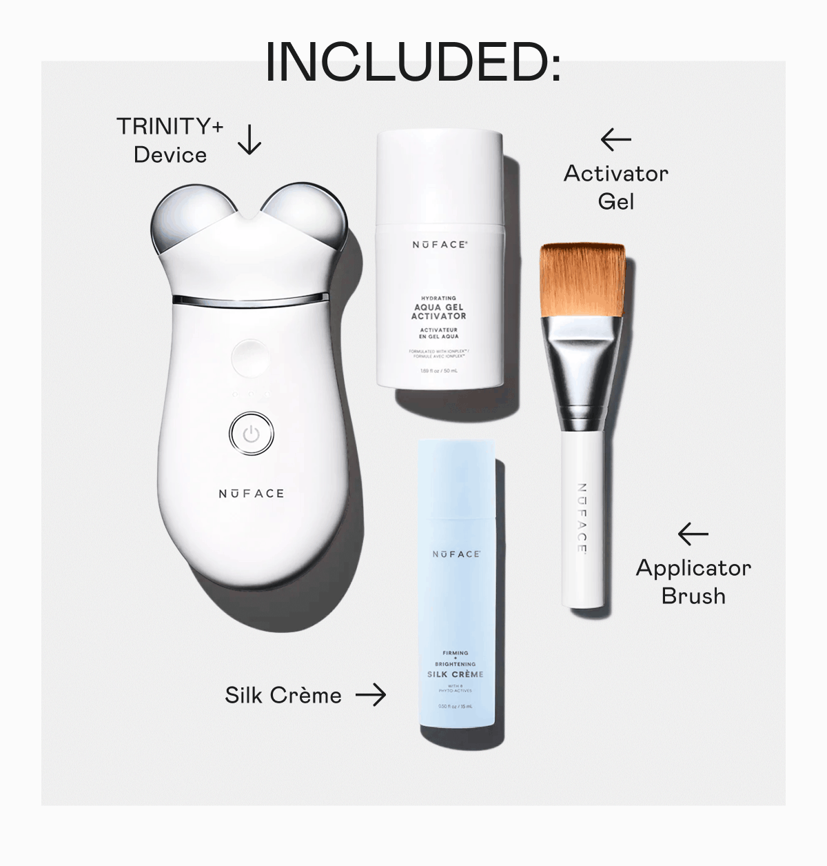 Included: TRINITY+ Device, Aqua Gel Activator, Silk Créme Activator, and Applicator Brush.