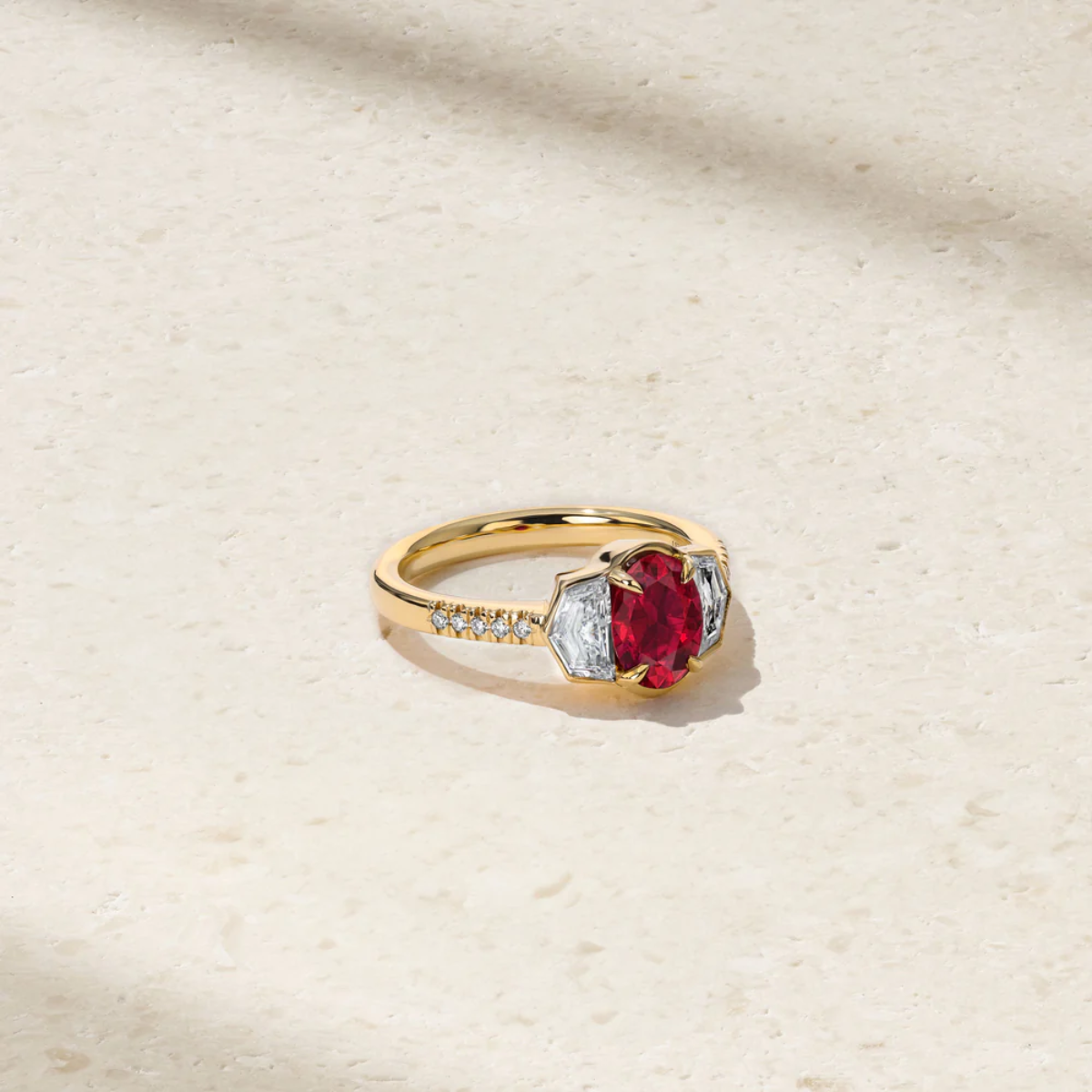 Silky Three Stone Ruby and Diamond Ring