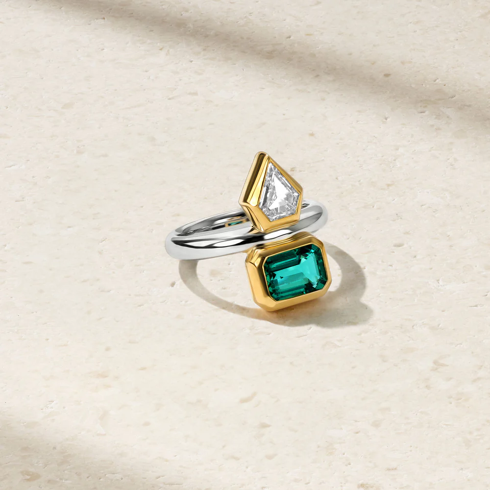 Silky Emerald and Diamond Gemini Ring